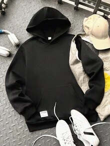 SHEIN 青少年男童返校必备基础款卫衣，简约宽松套头衫，休闲学院风，舒适时尚，百搭实用，柔软面料，适合日常穿着、上学、外出、户外运动、秋冬季穿着。黑色卫衣，纯色卫衣，黑色宽松卫衣，超大款卫衣，青少年秋季卫衣 - 黑色 - 查看 8
