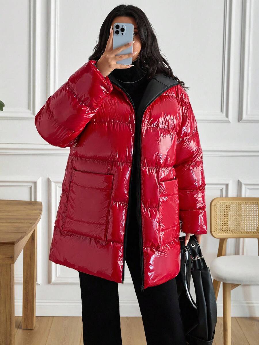 EURMUSE Plus 休闲闪亮红色高品质特殊面料连帽羽绒冬季外套 - 紅色 - 查看 1