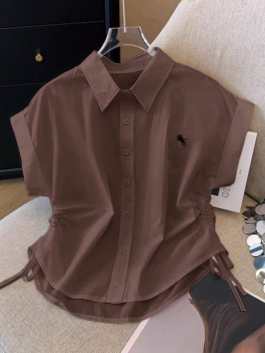 INAWLY Women's Summer Knight Print Bat Sleeve Pleated Casual Shirt - Coffee Brown - View 1