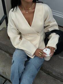 秋季纯色双纽扣门襟大衣，适合日常街头穿着，斜襟领，大衣，奶油色女士，秋冬休闲修身夹克，秋季女士，秋季女装，女士外出法式服装 - 杏色 - 查看 3