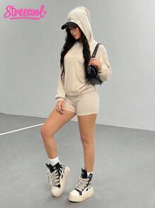 SHEIN مجموعة بلوزة هودي وشورت بلون أحادي بسيط للمراهقات - لون مشمشي - مشاهدة 3