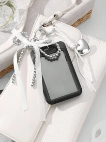 ROMWE Kawaii 1 件 Y2K 极简主义高端哥特式手工串珠银色 CCB 丝带蝴蝶结心形编织绳黑色亚克力校园卡/身份证夹 DIY 钥匙扣包饰，适合办公室职员、学生、日常穿着、节日礼物、万圣节 - 黑色 - 查看 7