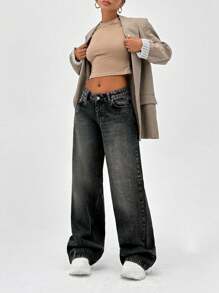 CasuGlow 100% Cotton LOW RISE WIDELEG CUT VINTAGE WASH Y2K BAGGY JEANS - Dark Grey - View 6