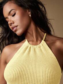 MISSGUIDED Gestricktes Mini-Kleid mit Trägerhals, Sommer Strand Seestern Verzierung, Fransen Saum, Resort Urlaub Kreuzfahrt Strandmode Party Kleid - Gelb - Übersicht 3