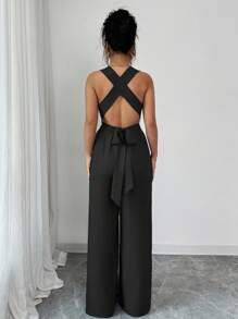 Selianne 女式 V 领系腰阔腿连体裤，蓝色，休闲夏季服装 - 黑色 - 查看 2