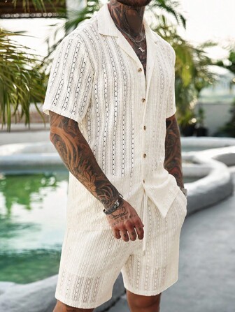 Manfinity RSRT 2 Pcs/Set Men's Solid Color Button-Down Hollow Shirt And Shorts Set, Vacation Solid Color Husband Casual Wear, Suitable For Vacation, Seaside Beach, Daily Leisure,Summer Wear Men Vacation Outfits Men 2 Pieces Outfits Summer, Cozy Outfits