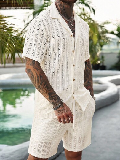 Manfinity RSRT Set 2 bucăți/set bărbați, cămașă și pantaloni scurți cu nasturi în culoare solidă, ținută casual pentru soț, culoare solidă, potrivită pentru vacanță, plajă la mare, timp liber zilnic, ținute de vară, ținute de vacanță pentru bărbați, ținute din 2 piese, vară, ținute confortabile