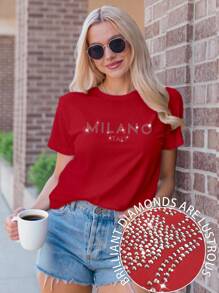 SHEIN LUNE 大码女款米兰意大利标语字母印花T恤短袖休闲上衣图案T恤女式上衣