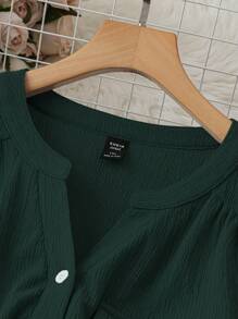 EMERY ROSE Blusa elegante de talla grande para mujer, de manga enrollada y cuello en V, de unicolor, para primavera y otoño - Verde Oscuro - Ver 3
