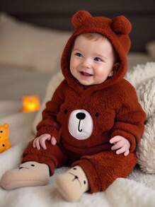 SHEIN 2 件套男婴加厚法兰绒泰迪熊刺绣连帽长袖卫衣和松紧腰裤套装，儿童服装，婴儿服装，婴儿装，婴儿上衣，男婴泰迪熊套装，适合秋冬季 - 棕色 - 查看 1