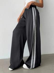 SHEIN BASICS 女式撞色蕾丝边阔腿裤 - 黑色 - 查看 3