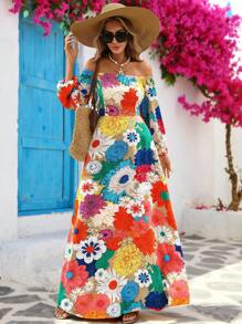 Vivid Eden Women's Resort Style Floral Print Off-Shoulder Long Sleeve Maxi Dress,Vacation Outfits,Rave Outfit,Brunch Outfits For Women,Fall Women Clothes , Airport Outfit Women,Boho Women Clothing