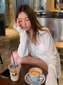 DAZY Casual V-Neck Personalized Design Undershirt Fall/Winter - White - View 2