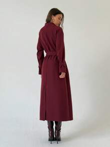 Aloruh Minimalist Commuter New Eggplant Purple Versatile Extra Long Tie-Waist Reversible Decorative English Style Lapel Trench Coat In Fall/Winter - Red Violet - View 5