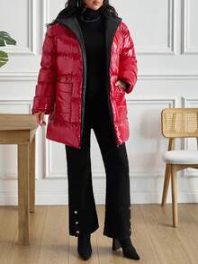 EURMUSE Plus 休闲闪亮红色高品质特殊面料连帽羽绒冬季外套 - 紅色 - 查看 6