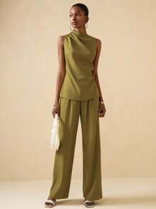 Vesra Conjunto de 2 piezas moderno para mujer con camisa sin mangas de cuello con volantes asimétrico y pantalones de pierna ancha