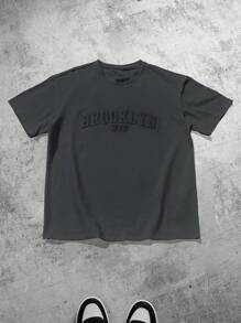 Manfinity Homme Nam Màu thuần Thả vai Áo thun Với Lá thư - Màu xám đen - Xem 8