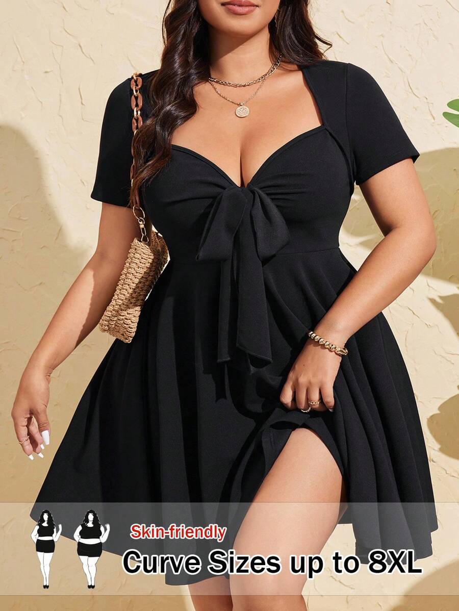 SHEIN CURVE+ 大码女式性感前系带短袖紧身迷你连衣裙,夏季 - 黑色 - 查看 1