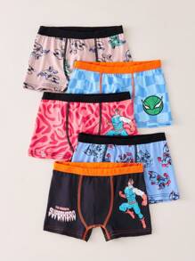 5 件装男童超级英雄图案印花透气平角内裤，休闲街头风内裤 - 彩色 - 查看 4