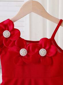 Elladie kids Váy trắng cho bé gái đính cườm 3D họa tiết hoa, dáng chữ A, thắt eo, thích hợp cho tiệc sinh nhật, mùa hè - Đỏ - Xem 7