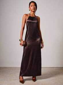 COSMINA Women's Elegant Halter Neck Satin Long Dress - Brown - View 3
