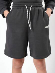 SUMWON Conjunto Esportivo Oversized Juvenil com Moletom com Capuz e Estampa de Slogan e Shorts Combinando, Conjunto Casual de Duas Peças para Primavera, Outono, Inverno - Chumbo - Visão 7