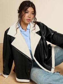 Freevana Plus Size Faux Fur Collar PU Leather Long Sleeve Jacket, Biker Style, Winter - Black and White - View 7