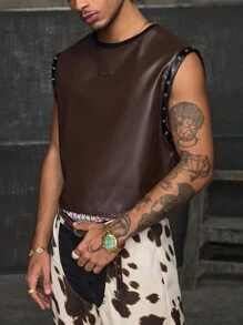 AXEPEAK 男士时尚街头风圆领无袖印花前片上衣 - 棕色 - 查看 4