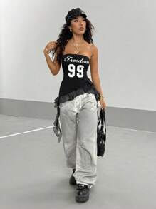 StreetHx 美国性感蕾丝不对称吊带印花露背吊带背心，夏季 - 黑色 - 查看 5