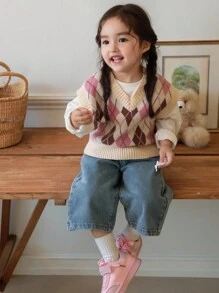 Dazy Kids 女婴拼色钻石图案V领针织背心，秋冬，幼儿秋季服装 - 彩色 - 查看 1