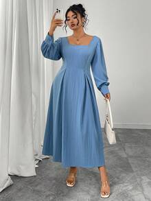 Elenzga Vestido de línea A con cuello redondo, espalda descubierta y mangas largas con lazo para mujeres de talla grande - Azul - Ver 3