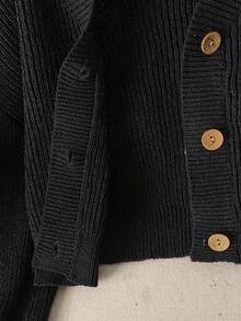 Tween Girl Black And White Letter Embroidered Knit Cardigan,Autumn Casual Holiday Back-To-School Kids Cropped Button Sweater,Loose Minimalist Jacket - Black - View 5