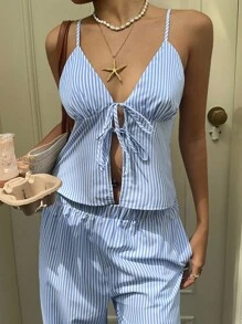 SHEIN Unity 2 piezas/Set Vestido informal de tirantes a rayas para mujer, conjunto de verano - Multicolor - Ver 4