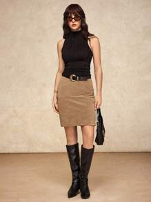 House of One Brown Suede High-Waist Mid Skirt Women Casual Autumn Khaki Skirt Pencil Skirt For Women Brown Skirt Fitted Skirt Fall Outfits Business Professional Women Business Casual Woman