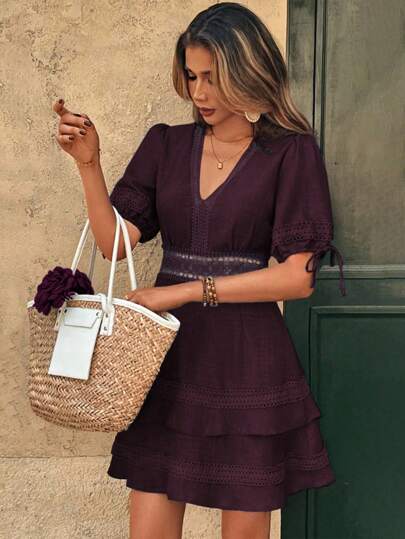 Breezaya Vestido mini de moda de manga abullonada con ribete de encaje de unicolor para mujer, verano