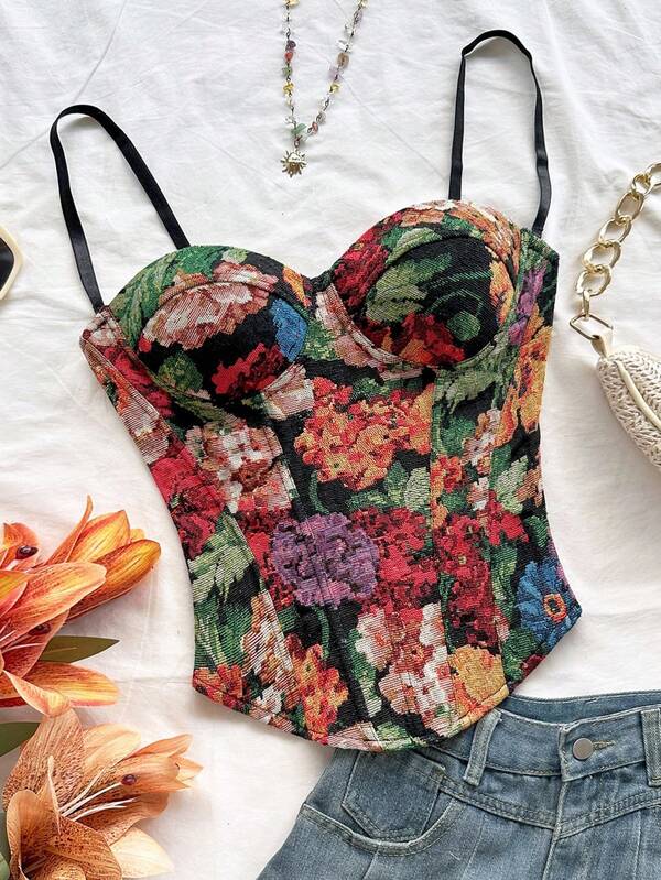 Soleia Nuevo top corto tipo corsé con estampado jacquard floral de estilo vintage palaciego y colorido, con botones y lazo en la espalda, adecuado para capas, fiestas, citas, San Valentín, Pascua, carnaval, té de la tarde, playa, crucero, vacaciones en la ciudad. Top corsé floral, blusas florales para mujer, tops corsé para mujer, blusas florales para mujer, top corsé floral
