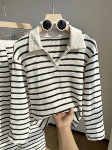 SHEIN 青少年女孩休闲条纹长袖T恤和裤子套装 - 黑與白 - 查看 5