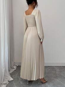 SHEIN Clasi فستان أنيق للنساء بأكمام منتفخة وياقة مربعة وتصميم ألوان متباينة وكشكشة على الهيم، مناسب للارتداء اليومي، وحفلات الشاي بعد الظهر، والحفلات، وعيد الشكر، والعودة إلى المدرسة، ومهرجان الموسيقى الريفية، والملابس الرسمية الكاجوال، وليلة المواعدة، وعيد الميلاد، وغداء السيدات، والملابس الغربية، والملابس الرسمية الكاجوال، وملابس الخريف للنساء - لون مشمشي - مشاهدة 3