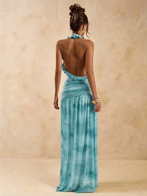 SHEIN BAE Vestido azul sólido com estampa floral, decote em V profundo, costas nuas, fenda alta, transparente, vestido longo sexy para férias na praia, vestido longo para férias de verão em resort