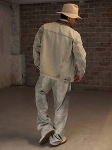 DAZY 男士撞色领拼接口袋设计灰色卡其色夹克外套，秋季度假款 - 卡其色 - 查看 6