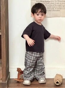 Hapijoa 2pcs Toddler Boys' Casual Solid Color Round Neck T-Shirt And Plaid Loose Fit Pants Pajama Set - Navy Blue - View 4
