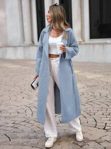 EURMUSE Của phụ nữ Màu thuần Thả vai Eo Thắt lưng Len áo - Màu xanh nhạt - Xem 3