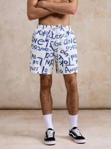 Surfspeed Men's Letter Print Drawstring Waist Pocket Beach Shorts - Multicolor - View 5