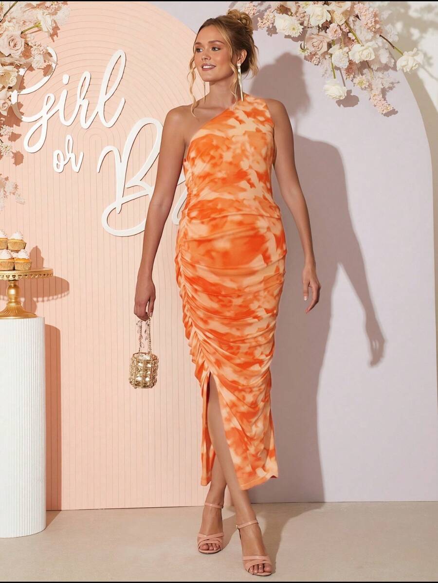 Loomaby Tie Dye Sleeveless Maternity Dress, Stylish Fitted Casual Summer Orange Dress - Orange - View 1