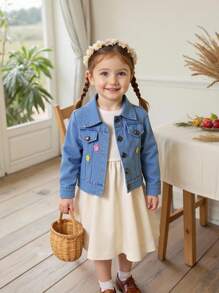 Vintaside Kids Baby Girl Autumn Fashionable & Versatile Floral Embroidery Washed Denim Jacket, Suitable For Daily Leisure Time And Mild Autumn Weather - Baby Blue - View 6