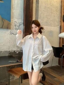 DAZY 女士纯色翻领镂空蝴蝶结韩版长袖衬衫，秋装 - 白色 - 查看 5