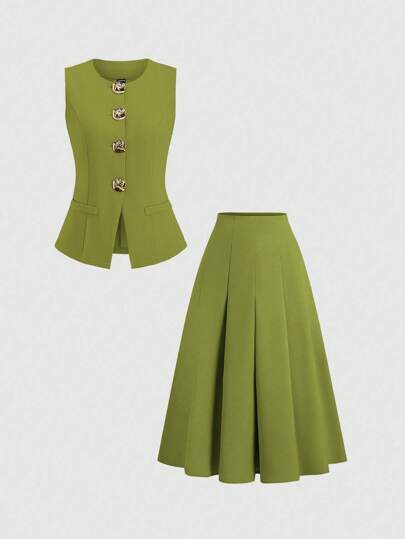 Sweetra Women's Sleeveless Vest With Large Metal Buttons & Casual Long Skirt Two Pieces Set, Spring/Summer