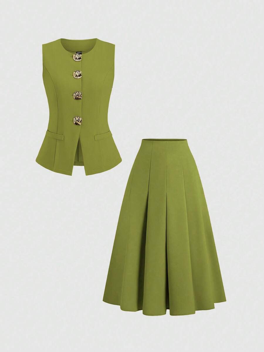 Sweetra Bộ đồ hai mảnh áo vest không tay có nút kim loại lớn và chân váy dài thường ngày dành cho nữ, Xuân/Hè - màu xanh lá - Xem 1