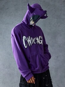 ROMWE MEN Anime Men's Casual Daily Letter Pattern Zip-Up Sweatshirt , Fall - Purple - View 7