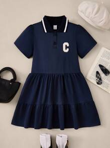 Casuvi Kids 2025年返校季儿童大学校园运动装，女童字母刺绣撞色包边荷叶边下摆高领宽松连衣裙